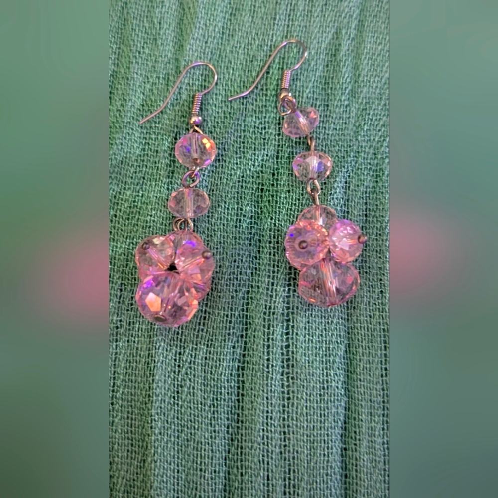 Handmade Tear Drop/Dangle Swarovski Element Crystal Earring Sterling Silver Pink